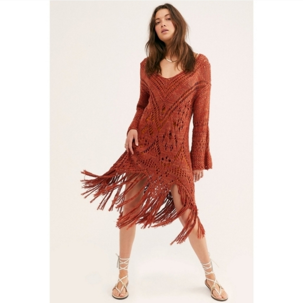 Free People Rust Fringe Sweater Dress